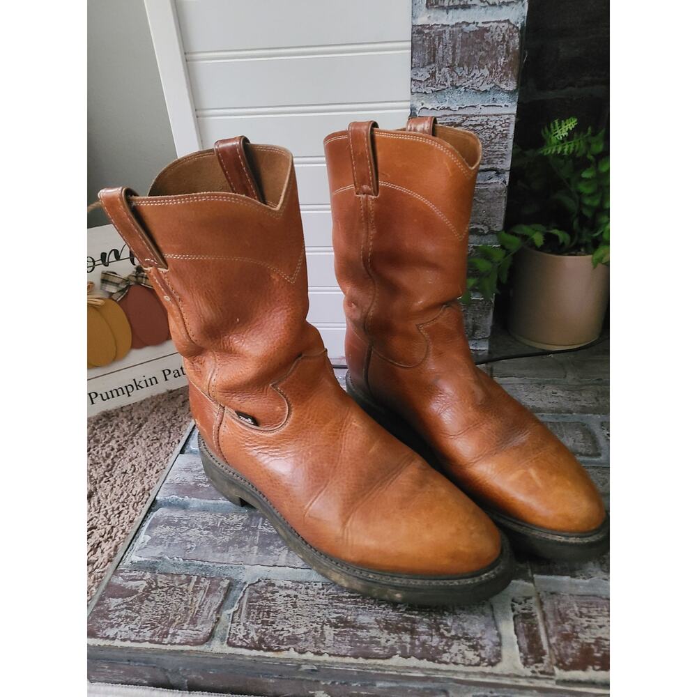 Justin Work Boots  Men’s 10EE Wide Tan Leather Pull-On USA Made Durable Sole